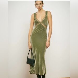 Reformation Lorenzo Velvet Lace Dress Midi Green Size Small